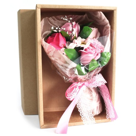 Bouquet di fiori di sapone in scatola - rosa - 25x13x6 cm