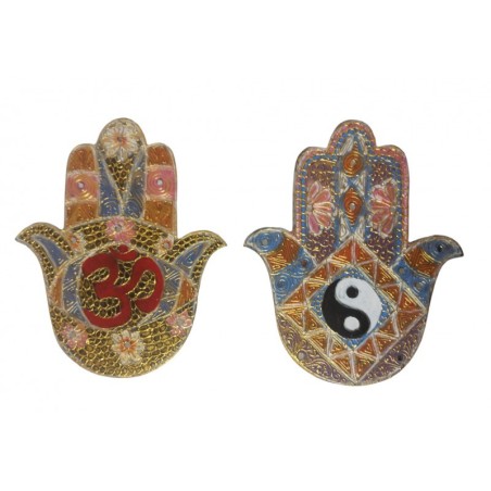 APPENDINO IN LEGNO MANO DI FATIMA CON SIMBOLO OM/YIN YANG