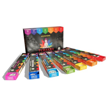 KIT DE INCENSO PREMIUM AYURVEDIC 7 CHAKRA Caixa com 7 pacotes de 15 palitos com 7 porta-incensos