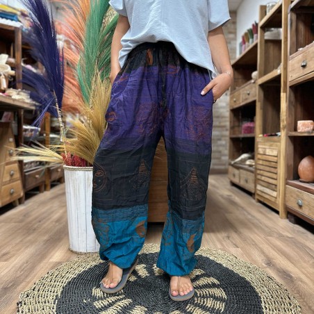 Pantalon Yoga y Festivales - Estampado Himalaya Cintura Alta - Morado -Unisex- Talla única Hippie 100% Algodon - Hombre/mujer