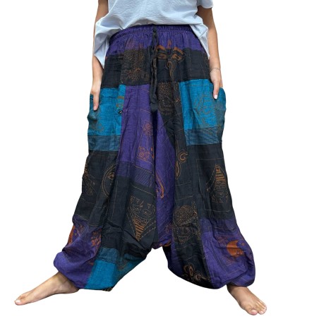 Pantalon Yoga y Festivales - Estampado Himalaya Cintura Alta - Morado -Unisex- Talla única Hippie 100% Algodon - Hombre/mujer