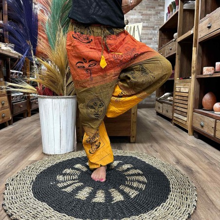 Pantalón Meditación Festivales - Estampado Himalaya Cintura Alta Naranja Unisex Talla única Hippie 100% Algodón Hombre/mujer