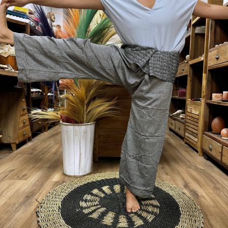 Pantalon Yoga y Festivales - Pescador Tailandés Mandala Mantra - Gris Unisex Talla única Hippie 100% Algodón Hombre/mujer