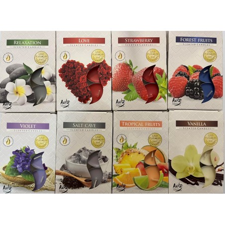 Pack 48 velas te perfumadas - 8x6 - Relajación, Sal, Vainilla, Amor, Violeta, Fruta Tropical, Fresa y Frutas del Bosque
