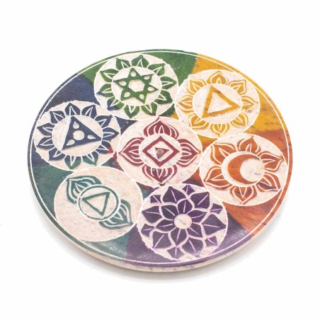 Porte-encens en forme de disque en stéatite 10cm - Sept chakras - Fabriqué en Inde