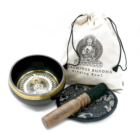 Set de regalo de cuenco tibetano hecho y grabado a mano - 14 cm - Enseñanzas de Buda