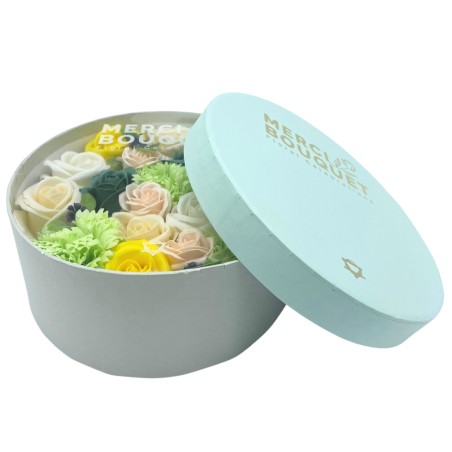 Round Box - Spring Celebrations - Yellow and Green - Soap Flower Bouquet - 19x8cm