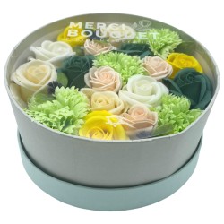 Caja Redonda - Celebraciones de Primavera - Amarillas y Verdes - Bouquet Flores de Jabón - 19x8cm