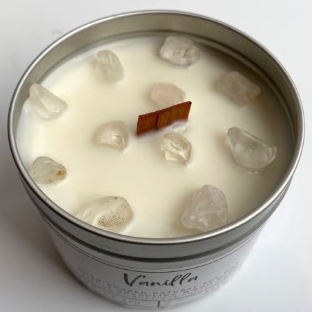 VELA SOJA EN ALUMINIO - VAINILLA CON CUARZO TRANSPARENTE - VIE - HECHO A MANO EN REINO UNIDO - 200gr - 22 horas