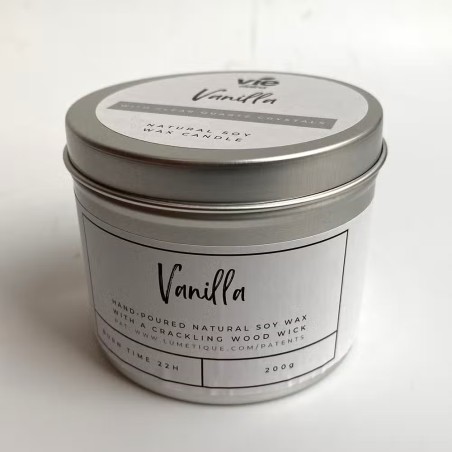VELA SOJA EN ALUMINIO - VAINILLA CON CUARZO TRANSPARENTE - VIE - HECHO A MANO EN REINO UNIDO - 200gr - 22 horas
