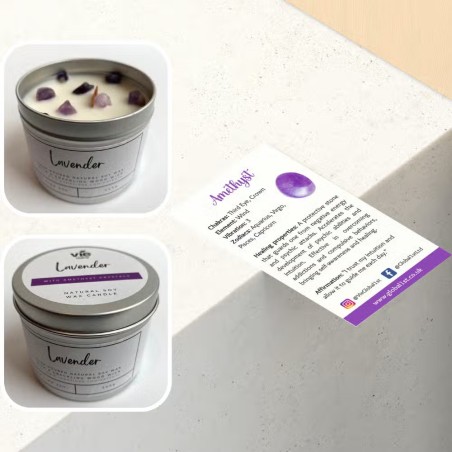 VELA SOJA EN ALUMINIO - LAVANDA CON AMATISTA - VIE - HECHO A MANO EN REINO UNIDO - 200gr - 22 horas