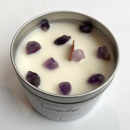 VELA SOJA EN ALUMINIO - LAVANDA CON AMATISTA - VIE - HECHO A MANO EN REINO UNIDO - 200gr - 22 horas