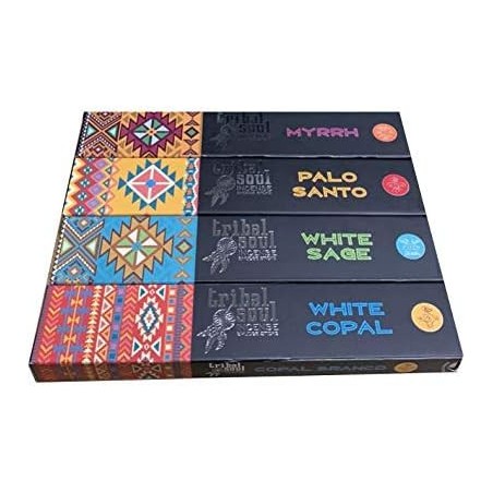 Encens Âme Tribale - Assortiment - Myrrhe - Palo Santo - Sauge Blanche - Copal Blanc - 4 Boites x 15g -