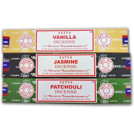 Aromatisches Räucherstäbchenpaket x 3 Satya Räucherstäbchen Vanille + Jasmin + Patchouli | Natürliche Räucher-Aromatherapie | 3