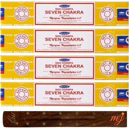 Lote 4x SATYA Incienso Siete Chakras - Seven Chakra + 1 porta inciensos de madera de mango