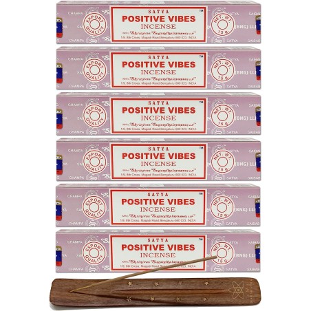 Lot van 6x Satya Positive Vibes Wierook - Positive Vibes - 6 pakjes van 15gr. + 1 wierookhouder van mangohout
