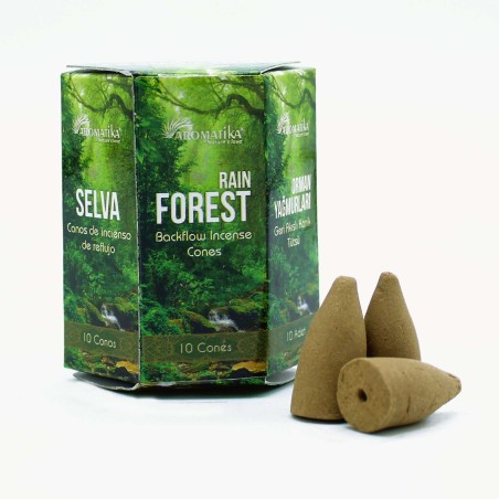 CONOS INCIENSO BLACKFLOW SELVA LLUVIA - RAIN FOREST - FLUJO INVERSO - MASALA AROMATIKA - HECHO EN INDIA - Caja de 10 conitos