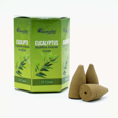 CONOS INCIENSO BLACKFLOW EUCALIPTO - EUCALYPTUS - FLUJO INVERSO - MASALA AROMATIKA - HECHO EN INDIA - Caja de 10 conitos