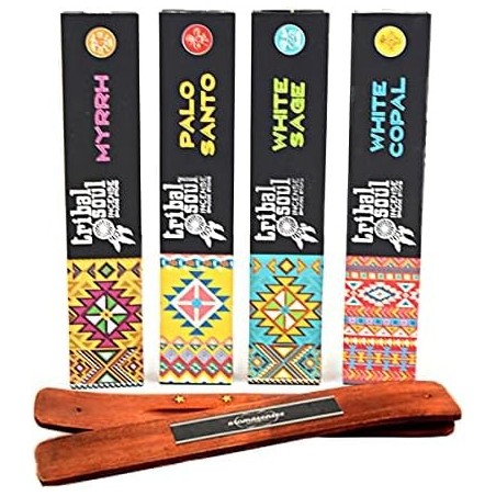 Tribal Soul Incense Lot - Myrrh, Palo Santo, White Sage and White Copal - 4 incense + incense holders