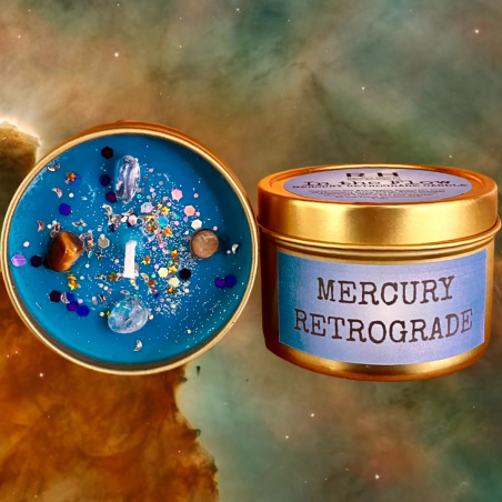 Vela de Cera de Soja artesanal | Mercurio Retrógado| Mercury| Con Cristales | Raven's Hearth | Made in California, USA | 4,8oz