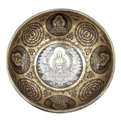 Gravierte tibetische Heilschale - 21cm - 5 Buddhas