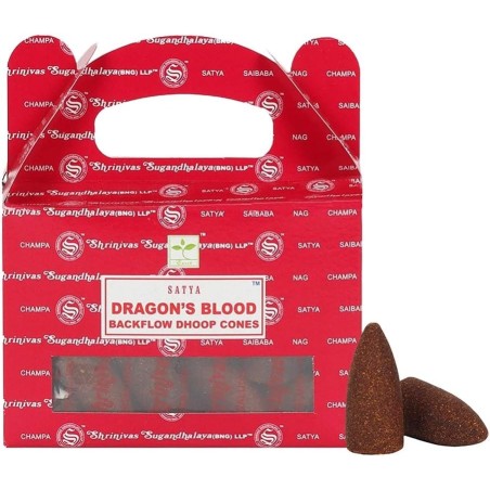 SATYA Conos de Reflujo Sangre de Dragón - Dragon's Blood - Blackflow Dhoop Cones - Cajita de 24 conos