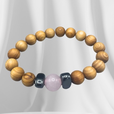 Pulseira Madeira Cedro - Chakra Cardíaco - Quartzo Rosa