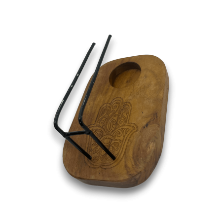 Quemador de Palo Santo Diseño Hamsa Madera de Teca - 15x10cm - Hecho a Mano