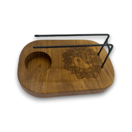 Quemador de Palo Santo Diseño Yin y Yang Madera de Teca - 15x10cm - Hecho a Mano