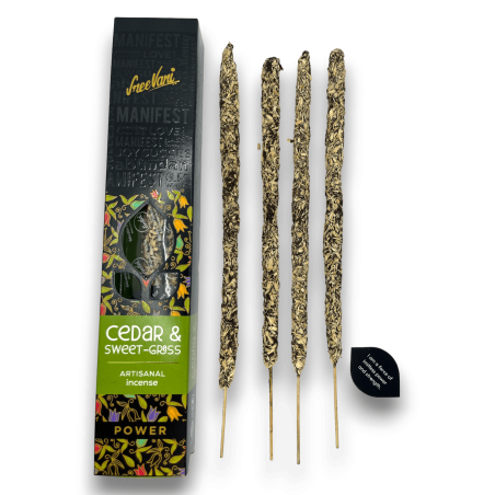 البخور الأرز والعشب الحلو بيان الطاقة Sree Vani Power Cedar & Sweet-Grass - البخور المصنوع يدويًا - 4 أعواد سميكة