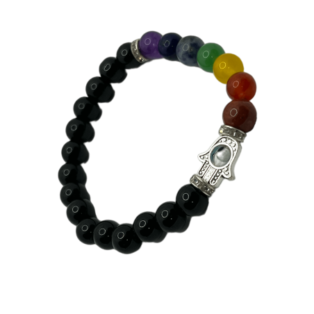 Bracciale Ossidiana con 7 Chakra e Mano di Fatima 8mm - HOSTENATURA - Energetico, Antidepressivo, Pulisce dai Traumi e dal Passa