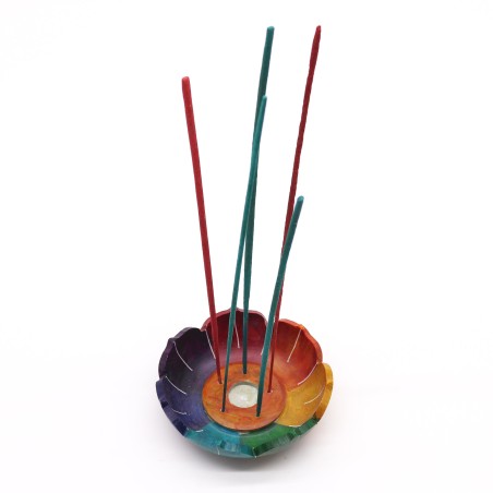 Grande Stéatite Fleur De Lotus Porte-Encens Chakra Couleurs - 10x3cm