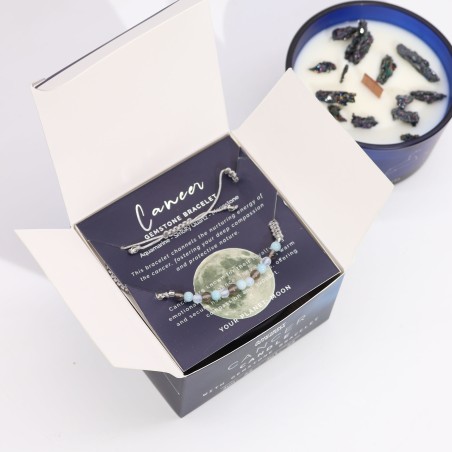 Bougie du zodiaque Cancer avec bracelet de pierres précieuses - bougie de soja et aigue-marine, quartz fumé, bracelet pierre de