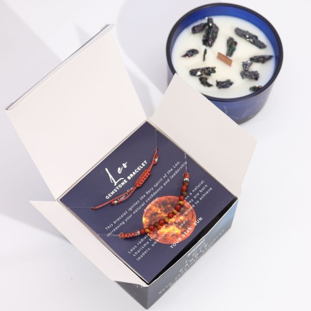 Vela del Zodiaco Leo con Pulsera de Piedras Preciosas - Vela de Soja con Pulsera de Ojo de Tigre y Coralina - 22h