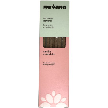 Incienso Vainilla y Sándalo Natural Nirvana Brasil Bienestar y Meditación - 9 varillas artesanales - Hecho en Brasil