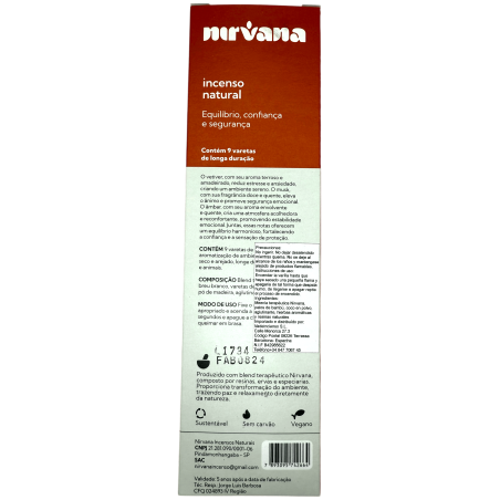 Naturel Nirvana Brésil Vétiver, Musc et Ambre Encens Équilibre et Confiance - 9 bâtonnets faits à la main - Fabriqué au Brésil