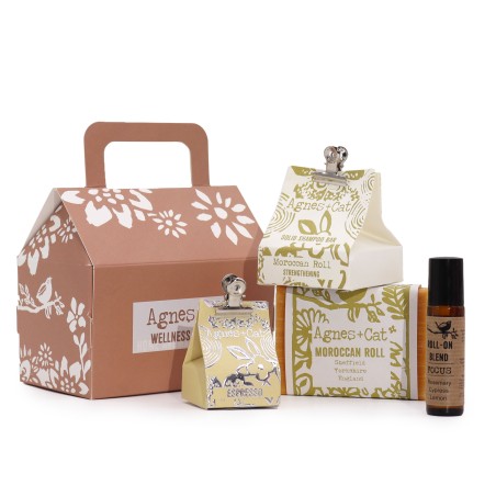 Set de Regal Benestar Agnes & Cat Matí Marroquí - Sabó Artesanal, Champú Sòlid, Bàlsam Labial i Roll-on Oli