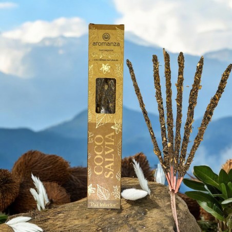 Sahumerio Orgánico Coco y Salvia con Pétalos de Hierbas Naturales Aromanza Argentina - 6 varillas naturales - Paz Interior
