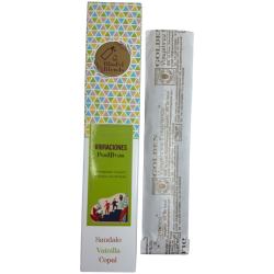 Tămâie organică Vibrații pozitive Amestecuri fericite Vijayshree Lemn de santal, Vanilie și Copal - Cutie de 25gr.