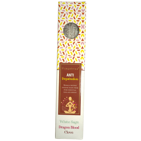 Incenso Anti-Depressão Orgânico Vijayshree White Sage, Sangue de Dragão e Cravo da Blissful Blends - Caixa de 25gr.