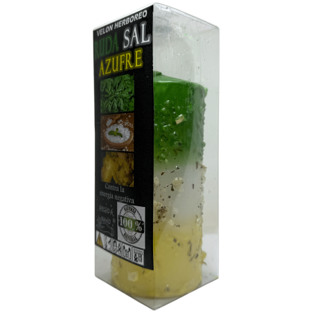Bougie aux herbes avec rue, sel et soufre - Bougie ésotérique 14x6cm - Contre les énergies négatives