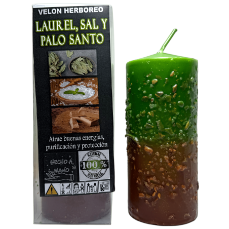 Vela de Ervas com Louro, Sal e Palo Santo - Vela Esotérica 14x6cm - Atrai boas energias, purificação e proteção