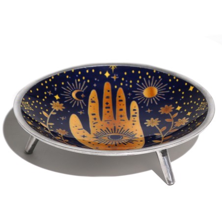 Enameled Offering Plate Three Legs Hamsa Midnight Blue 16cm