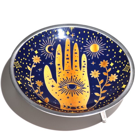 Piatto per offerte smaltato a tre gambe Hamsa blu notte 16 cm