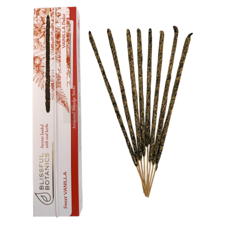 Tămâie organică cu vanilie TULASI de la Blissful Botanics - Artizanală naturală - Vanilie dulce - 8 bețișoare de tămâie organice