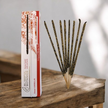 Encens bio à la vanille TULASI de Blissful Botanics - Fabrication artisanale naturelle - Douce vanille - 8 bâtonnets d'encens bi