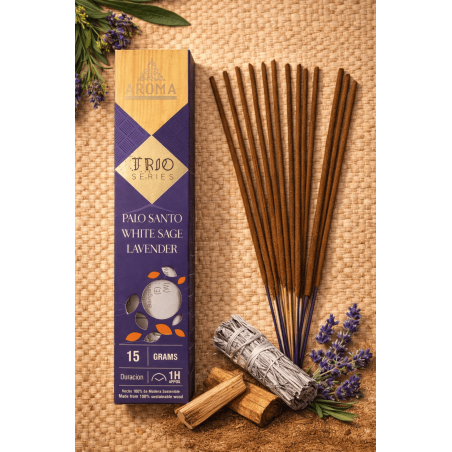 AROMAインセンス トリオ パロサント、ホワイトセージ、ラベンダー - トリオシリーズ 1 箱 15 グラム。