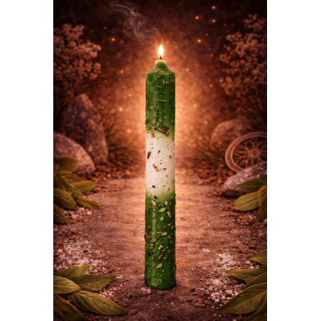 Vela ritualizada com arruda, sal e louro, 18 cm - Purificação, proteção e limpeza energética.