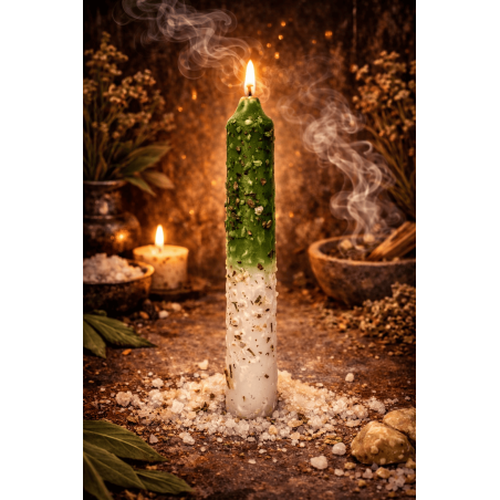 Vela Preparada Ritualizada Ruda y Sal 18cm - Para efectuar limpieza de malos ambientes