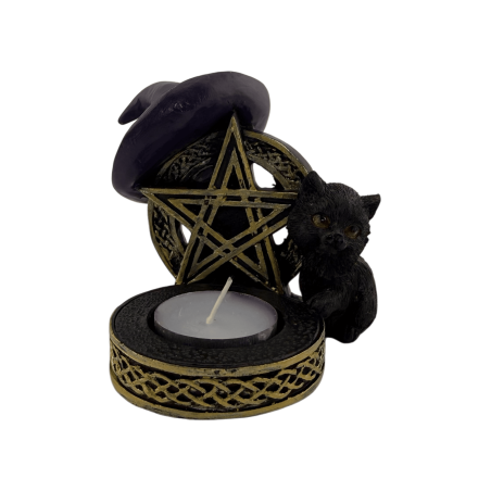 Porta velas Gato Negro Resina con Pentagrama 11x9,7x8,3cm